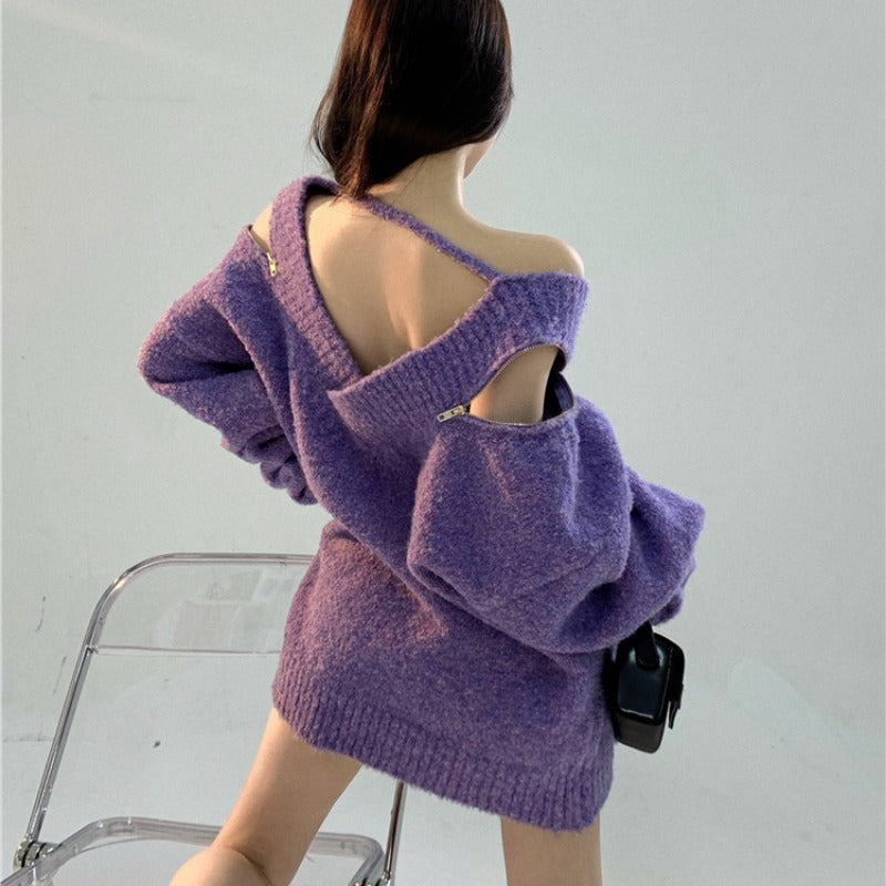 Women's Loose V-neck Zipper Sweater Top