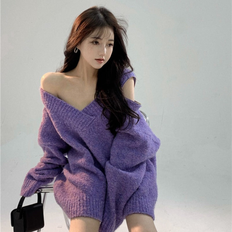 Women's Loose V-neck Zipper Sweater Top