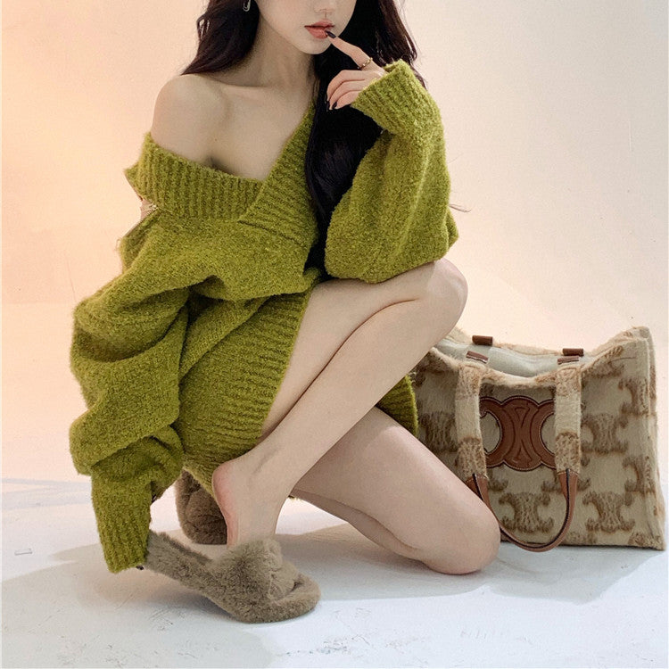 Women's Loose V-neck Zipper Sweater Top