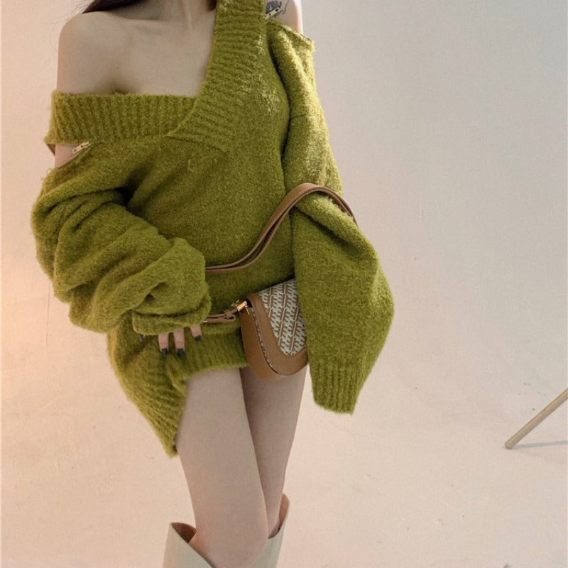 Women's Loose V-neck Zipper Sweater Top