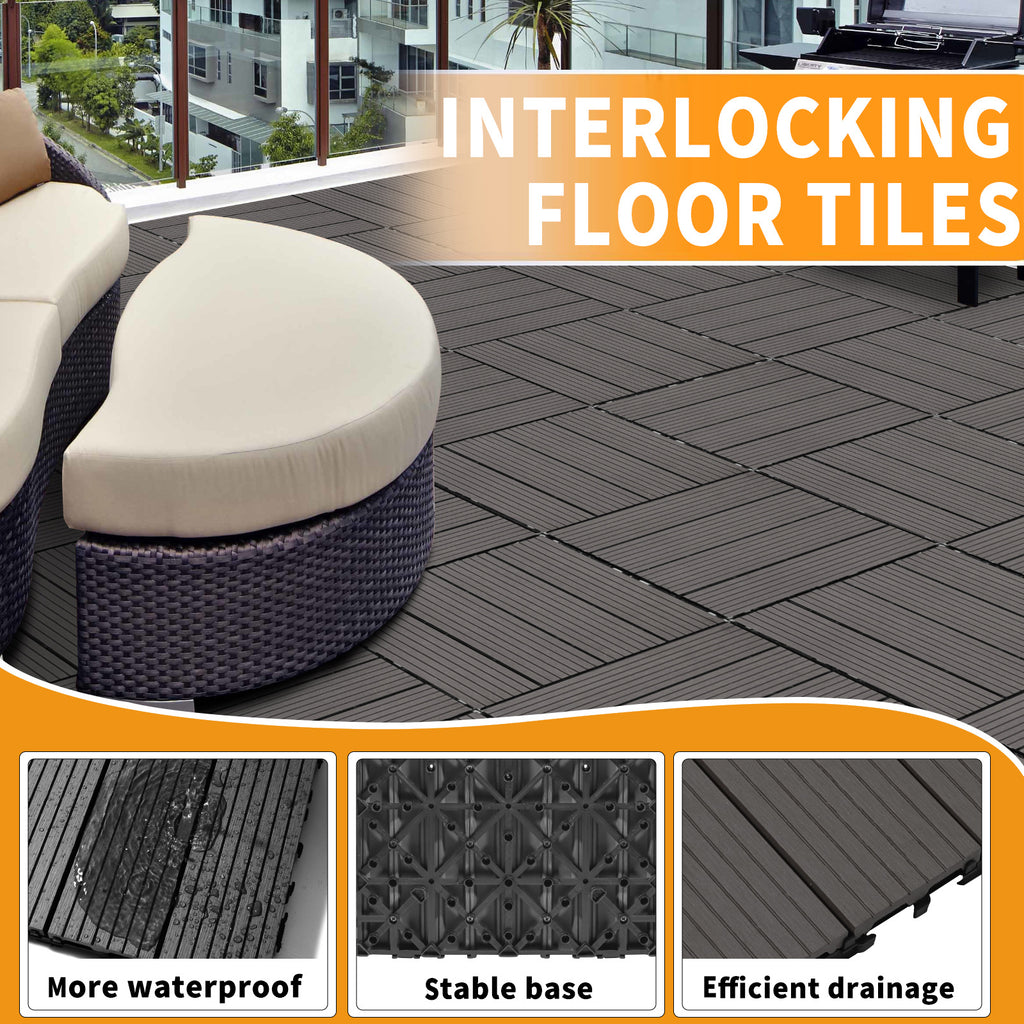 Wood Plastic Composite Deck Tiles Set Of 20, Sustainable FSC Composite Decking Resist Rust, Water, Weather, Easy To DIY & Maintain, Ideal For Patios, Balconies, Rooftops, Light Gray