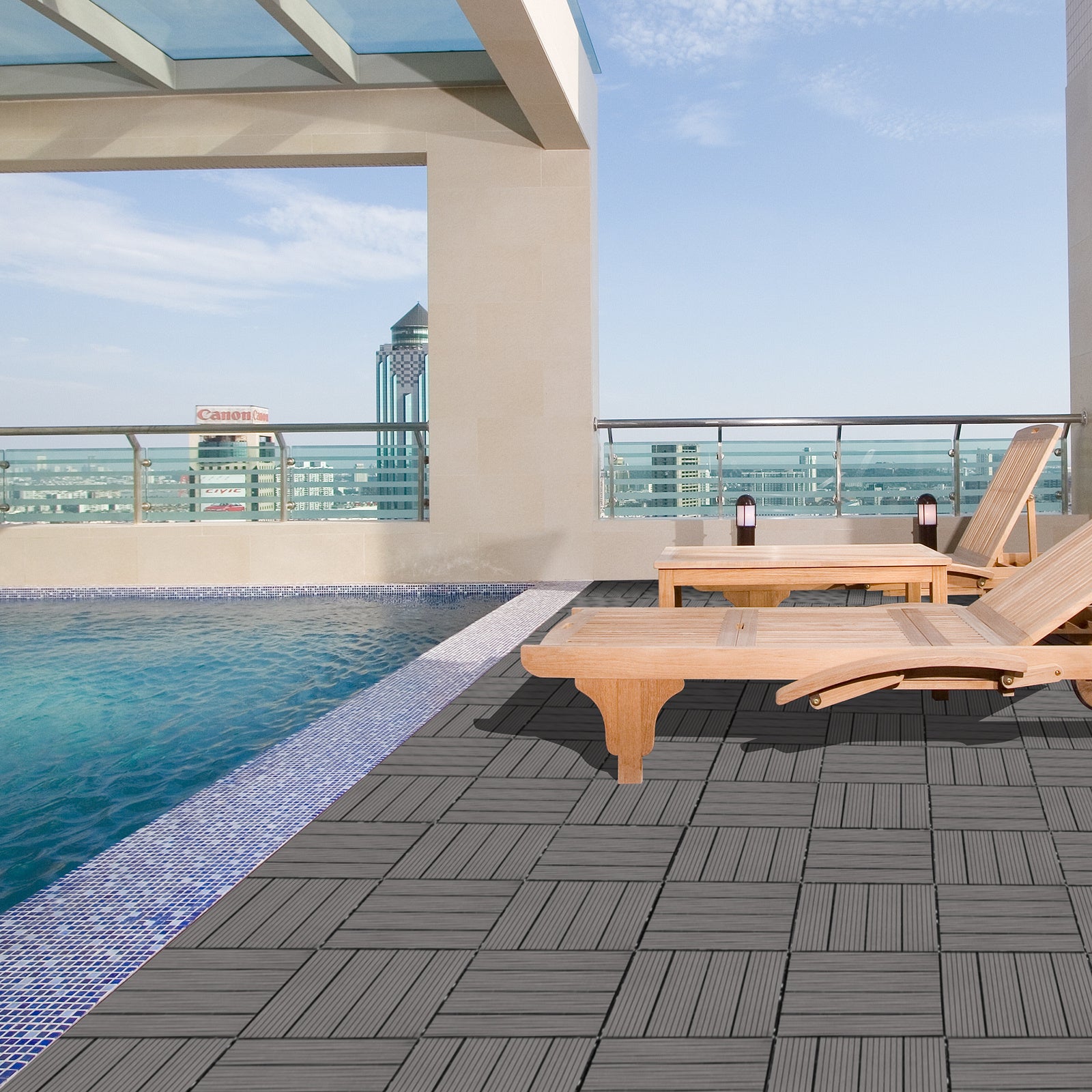 Wood Plastic Composite Deck Tiles Set Of 20, Sustainable FSC Composite Decking Resist Rust, Water, Weather, Easy To DIY & Maintain, Ideal For Patios, Balconies, Rooftops, Light Gray